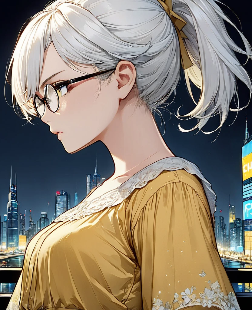 work of art,best qualityer,High definition,4K,waist up view,close up(1  ,20 years old, Madura),alone((skin fair )),((a yellow blouse)),long hair with ponytail ,White hair,(glassesgreenheart),(natta,natta city,skyscraper, city lights),from sideways,(serious face)