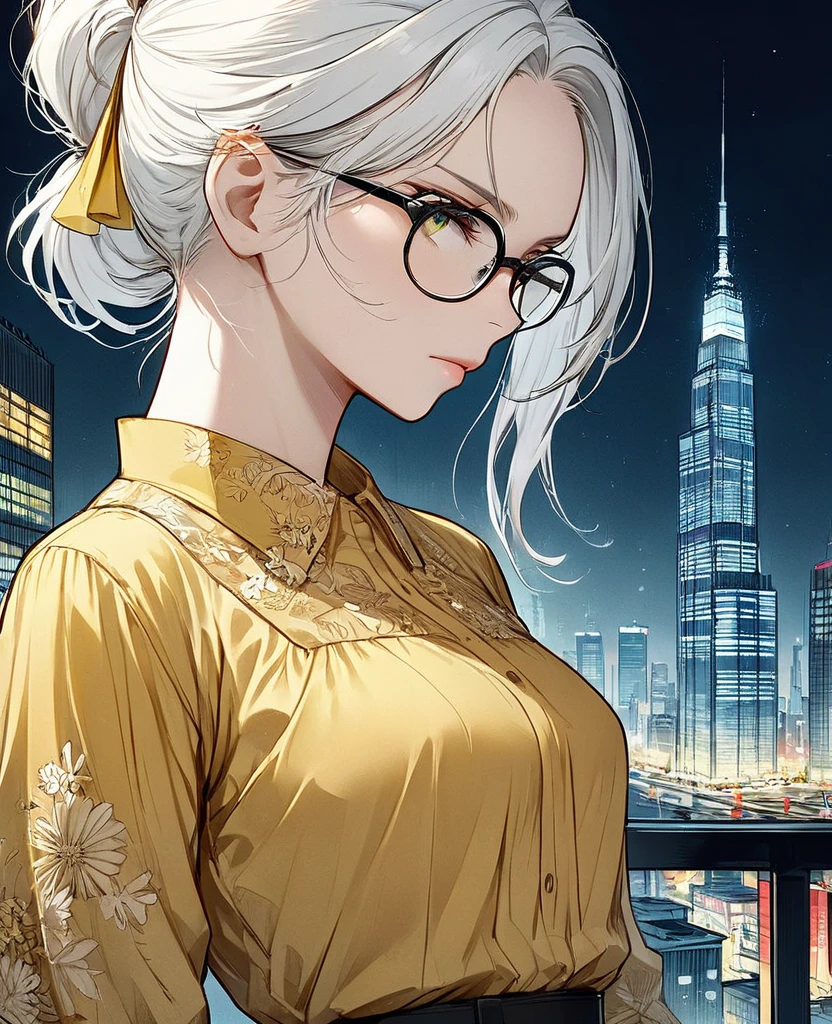 work of art,best qualityer,High definition,4K,waist up view,close up(1  ,20 years old, Madura),alone((skin fair )),((a yellow blouse)),long hair with ponytail ,White hair,(glassesgreenheart),(natta,natta city,skyscraper, city lights),from sideways,(serious face)