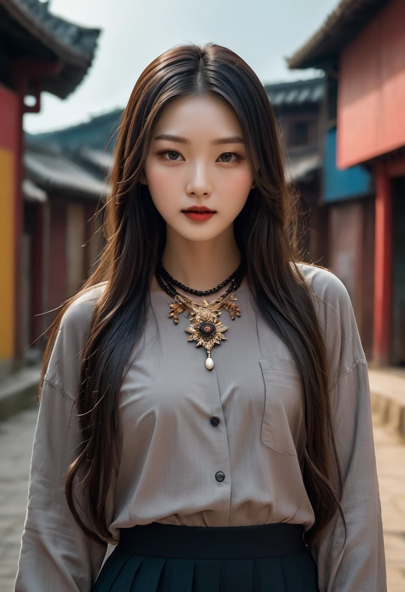 Extra detailed body, Beautiful Asian woman with long black blond straight hair, Neath, The face is rich in detail, best quality: 1.2)、woman、Looking at the audience、（weird fashion、dried flower、necklace, Soft clothes、Asymmetry)、(Colorful walls