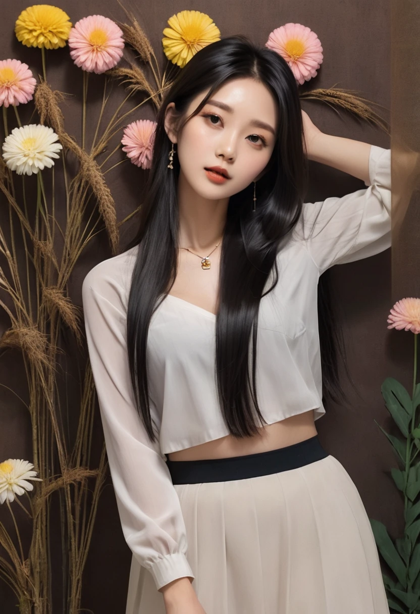 Extra detailed body, Beautiful Asian woman with long black blond straight hair, Neath, The face is rich in detail, best quality: 1.2)、woman、Looking at the audience、（weird fashion、dried flower、necklace, Soft clothes、Asymmetry)、(Colorful walls