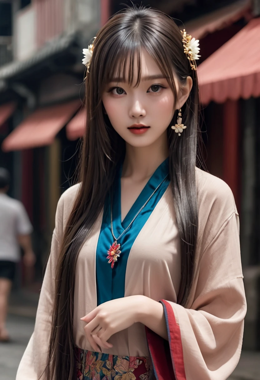 Extra detailed body, Beautiful Asian woman with long black blond straight hair, Neath, The face is rich in detail, best quality: 1.2)、woman、Looking at the audience、（weird fashion、dried flower、necklace, Soft clothes、Asymmetry)、(Colorful walls