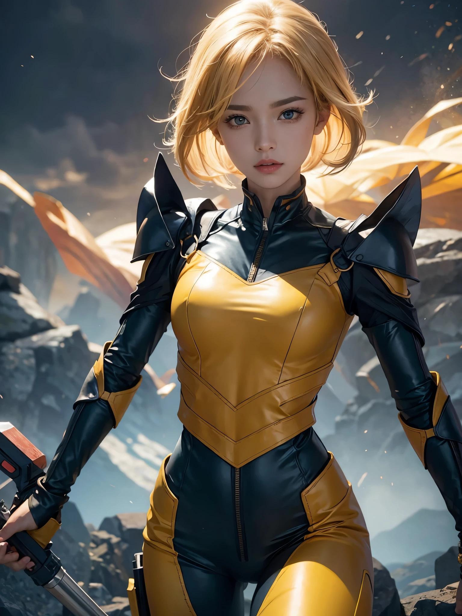 a powerful thunder ranger with a beautiful face, small breasts, wearing a tight suit, with yellow hair, wielding alien weapons, against a dramatic thunder backdrop, ultra-detailed, 8k, highly realistic, cinematic lighting, dramatic colors