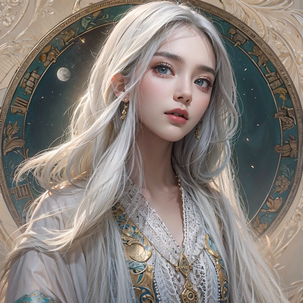 (Highest quality、masterpiece、8K、Best image quality、Ultra-high resolution、Award-winning works)、A beautiful white-haired woman watches over us from afar in the desert....., Where the moonlight shines.、Ancient Islamic clothing、Beautiful face drawn in every detail