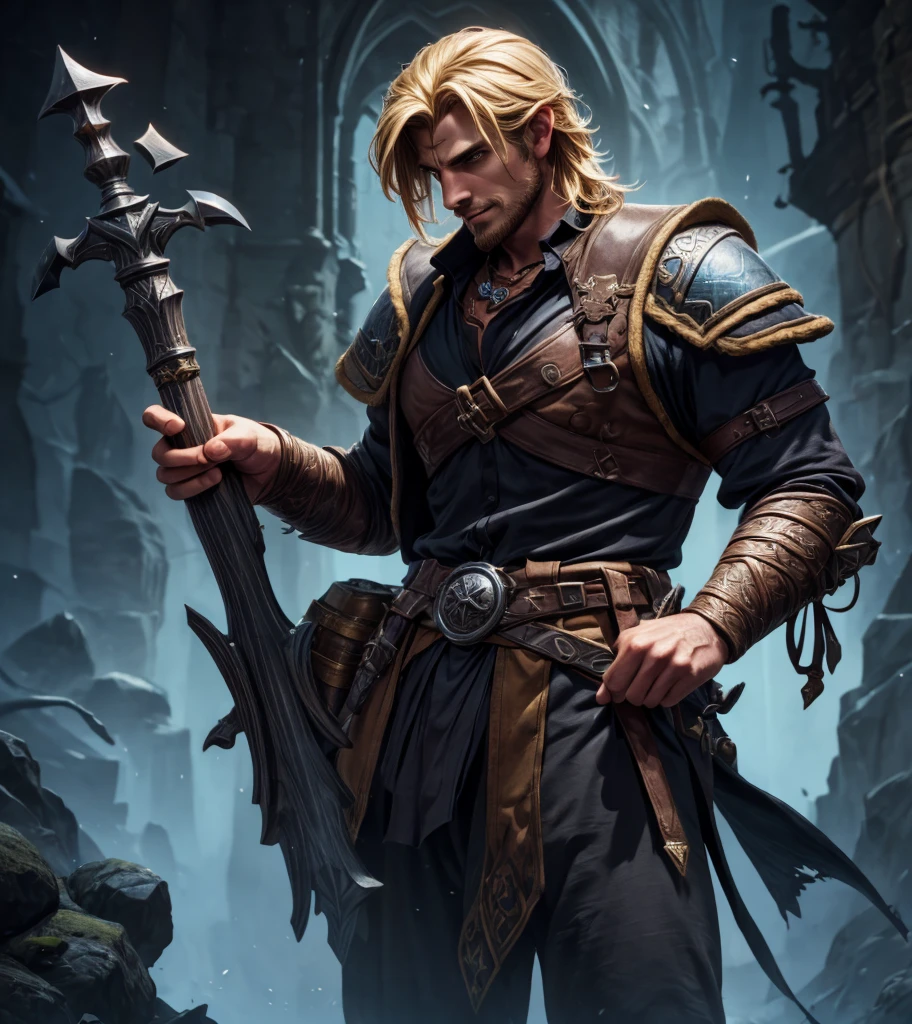 (((Solo character image.))) (((Generate a single character image.))) (((Single character image.))) (((1boy.))) (((Design a very handsome and attractive male fantasy character with great looks.))) (((Dressed in traditonal medieval fantasy attire.))) (((Stylish shoulder length blond hair.)))  Looks like a fun and thrilling male adventurer for Dungeons & Dragons.   Looks like a male bard for Dungeons & Dragons.   Masterpiece, male, (((black shirt))), (((sinister appearance))), lusty stare, (((effeminate))), roguish good looks, (((metrosexual))), (((hot guy))), beautiful face, (((sexy eyes))), waistcoat, (((darkly attractive))), (((very sexy mouth))), roguish, sexy shirt, sexy body, suave, charming, entertainer, musician, musical instrument, Medieval clothing, youthful, sexy, seductive, athletic, desirable, detailed and intricate, armed, character portrait, athletic, fantasy art, fantasy setting, dungeons & dragons, pathfinder, skyrim, fantasy adventurer, fantasy NPC, 
, award winning, fantasy art concept masterpiece, trending on Artstation, digital art, unreal engine, 8k, ultra HD, centered image fantasy artwork, fantasy attire, fantasy adventurer, masterpiece:1.3,madly detailed photo:1.2, hyper-realistic lifelike texture:1.4, picture-perfect:1.0,8k, HQ,best quality:1.0, (masterpiece,fantasy,art, best quality, unreal engine, 8k, ultra HD, centered image, absurdres best quality:1.0,hyperealistic:1.0,photorealistic:1.0,madly detailed CG unity 8k wallpaper:1.0,masterpiece:1.3,madly detailed photo:1.2, hyper-realistic lifelike texture:1.4, picture-perfect:1.0,8k, HQ,best quality:1.0,
