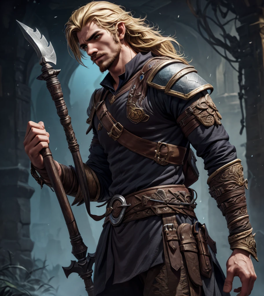 (((Solo character image.))) (((Generate a single character image.))) (((Single character image.))) (((1boy.))) (((Design a very handsome and attractive male fantasy character with great looks.))) (((Dressed in traditonal medieval fantasy attire.))) (((Stylish shoulder length blond hair.)))  Looks like a fun and thrilling male adventurer for Dungeons & Dragons.   Looks like a male bard for Dungeons & Dragons.   Masterpiece, male, (((black shirt))), (((sinister appearance))), lusty stare, (((effeminate))), roguish good looks, (((metrosexual))), (((hot guy))), beautiful face, (((sexy eyes))), waistcoat, (((darkly attractive))), (((very sexy mouth))), roguish, sexy shirt, sexy body, suave, charming, entertainer, musician, musical instrument, Medieval clothing, youthful, sexy, seductive, athletic, desirable, detailed and intricate, armed, character portrait, athletic, fantasy art, fantasy setting, dungeons & dragons, pathfinder, skyrim, fantasy adventurer, fantasy NPC, 
, award winning, fantasy art concept masterpiece, trending on Artstation, digital art, unreal engine, 8k, ultra HD, centered image fantasy artwork, fantasy attire, fantasy adventurer, masterpiece:1.3,madly detailed photo:1.2, hyper-realistic lifelike texture:1.4, picture-perfect:1.0,8k, HQ,best quality:1.0, (masterpiece,fantasy,art, best quality, unreal engine, 8k, ultra HD, centered image, absurdres best quality:1.0,hyperealistic:1.0,photorealistic:1.0,madly detailed CG unity 8k wallpaper:1.0,masterpiece:1.3,madly detailed photo:1.2, hyper-realistic lifelike texture:1.4, picture-perfect:1.0,8k, HQ,best quality:1.0,

