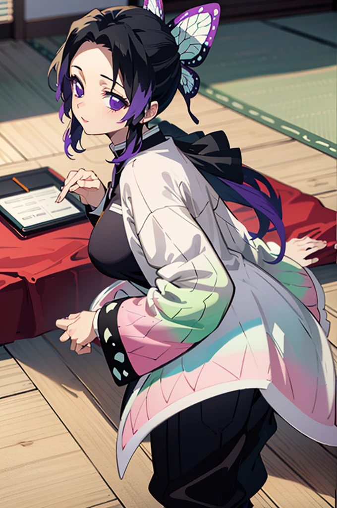 (masterpiece:1.3), (best quality:1.1), (8k, ultra detailed, ultra high res:1.2), ((anime style)), perfect 5 fingers, perfect anatomy, 
1girl,
Shinobu Kochou, 
BREAK long hair, wavy hair,  
black hair, hair intakes, gradient hair, 
purple eyes, bow in hair,
(large breasts:0.9),  
BREAK black shirt, black tethered pants, white haori, looking at viewer, 
BREAK cowboy shot, perfect light, background of indoor, on the bed, wariza, 