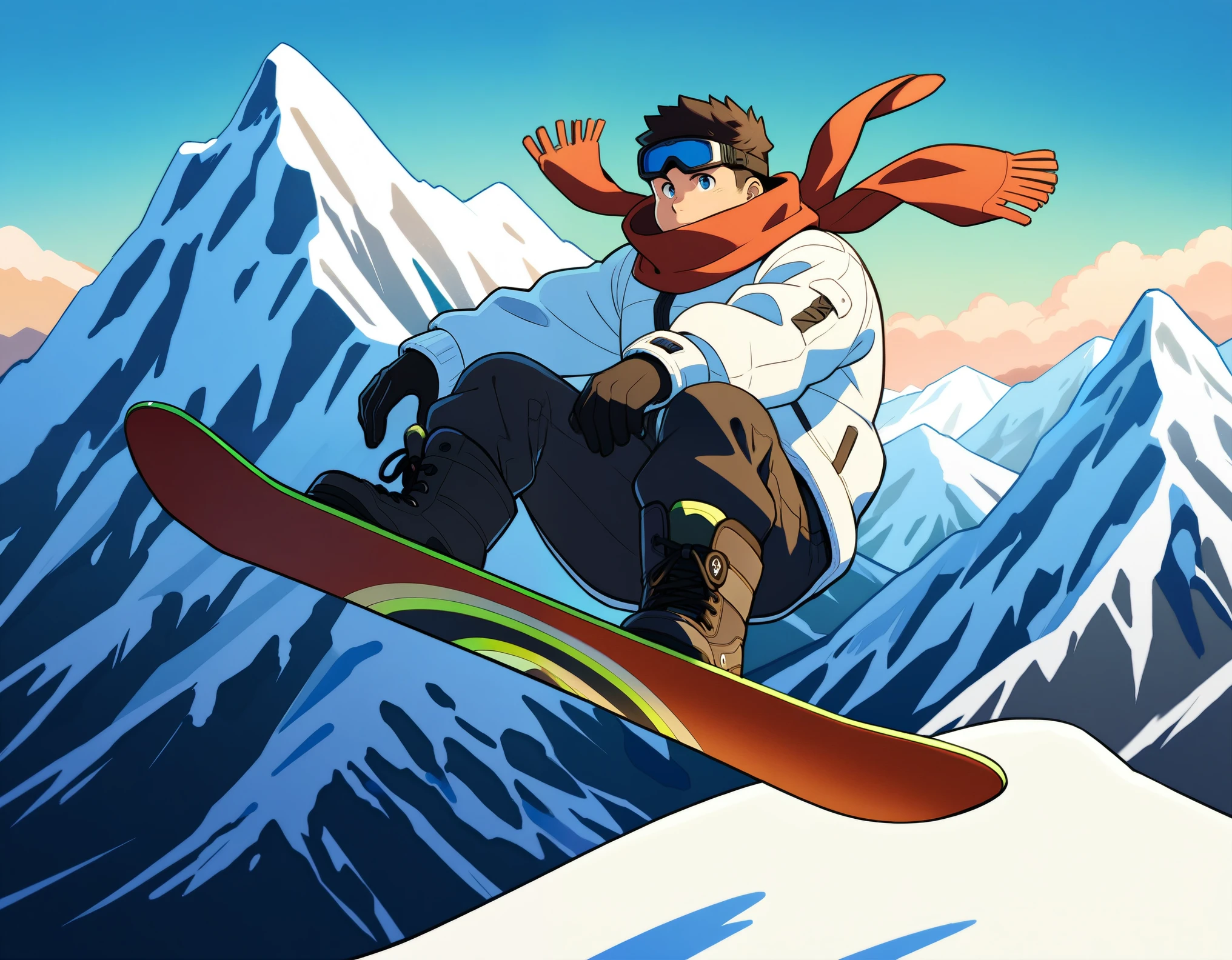 ((1male, solo, male focus, confident, snowboarding in air, tailgrab)), (chubby:1.2), (bara:1.4), (stocky), ((snow jacket, woolen scarf, goggles down, boots, snowboard)), short hair, crew cut, (cool, awesome), snow mountain background, best quality, ((flat anime, cartoon, masterpiece, best aesthetic, absurdres, highly detailed)), soft shaded