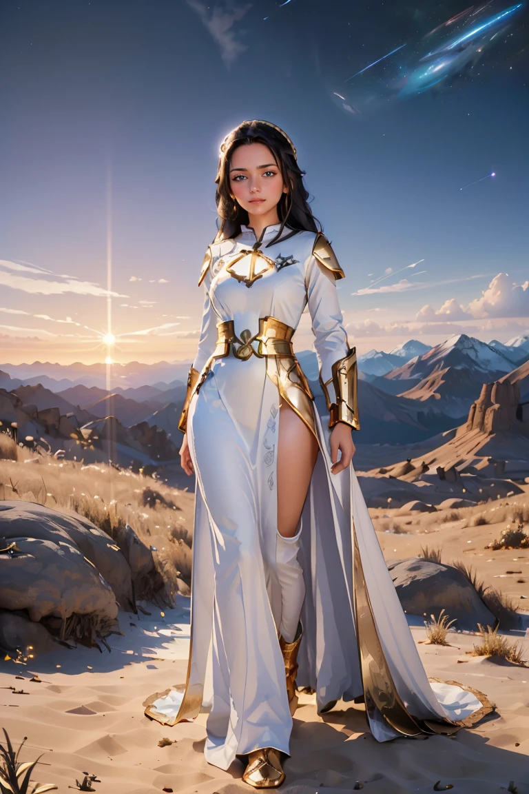 ((masterpiece, best quality, extremely detailed), volumetric lighting, ambient occlusion, colorful, glowing), 1girl, solo, young girl, (dark hair), long hair, halo, aura, sacred, goddess, cleric suit, (white outfit with gold detailst:1.3), armor, outdoors, sunset, sky, clouds, space, (fantasy theme:1.2), full body armor