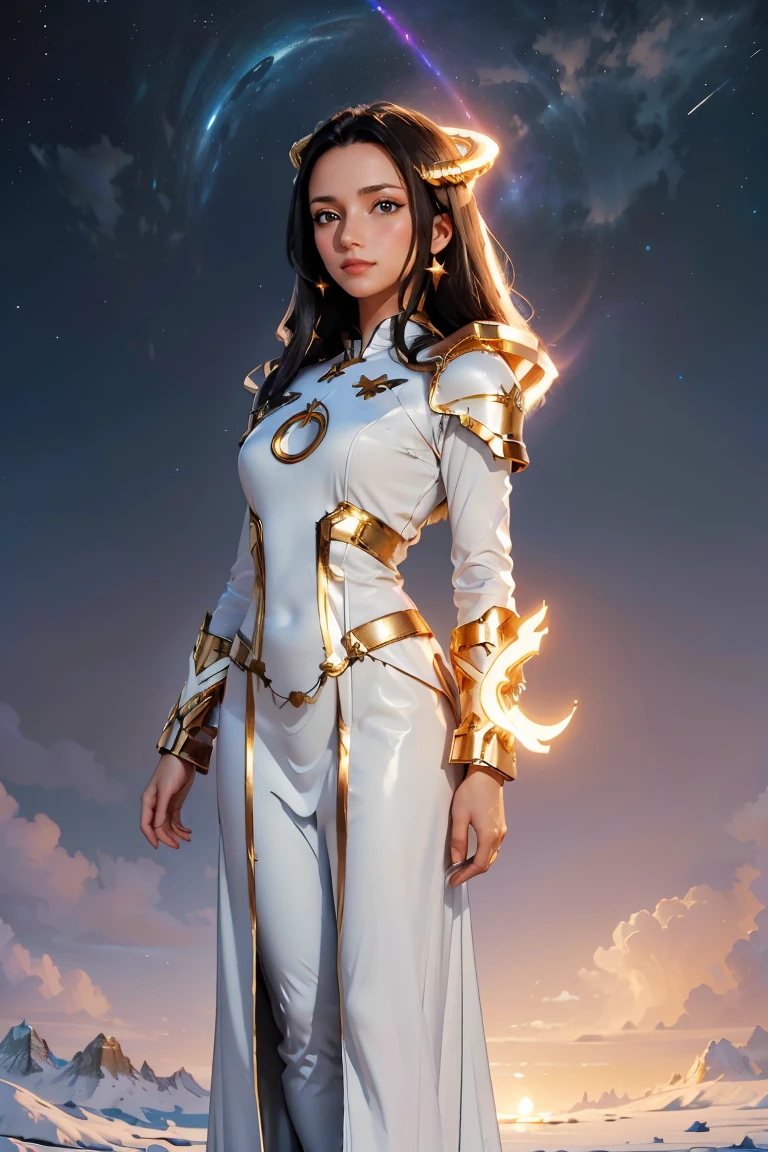 ((masterpiece, best quality, extremely detailed), volumetric lighting, ambient occlusion, colorful, glowing), 1girl, solo, young girl, (dark hair), long hair, halo, aura, sacred, goddess, cleric suit, (white outfit with gold detailst:1.3), armor, outdoors, sunset, sky, clouds, space, (fantasy theme:1.2), full body armor