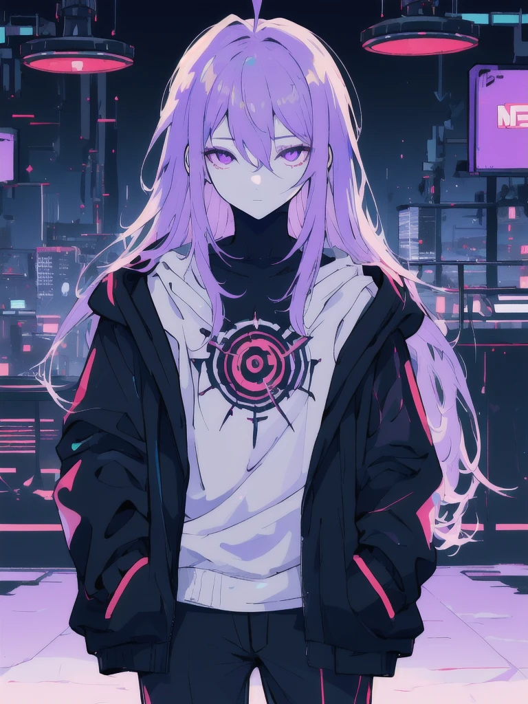 ((masterpiece)), (best quality), ((highres)), 4K, Detailed, (Ambient Light, Digital Art, Soft Lighting, extremely detailed 8K wallpaper:1.2), BREAK 1girl, solo, pale skin, violet eyes, violet hair, ahoge, (absurdly long hair:1.1), flat chest, cyberpunk scenery, black jacket, pants, shirt, night, hand in pocket, looking at viewer, hair between eyes, expressionless, rtx, neon light, black medical mask