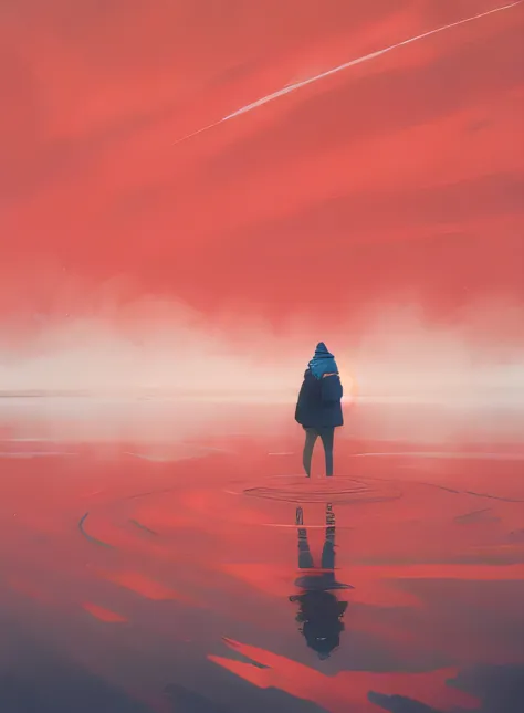 Drawing a mysterious place,Empty red sky, Red lake，Reflection of a person standing on the water，Lots of white space
