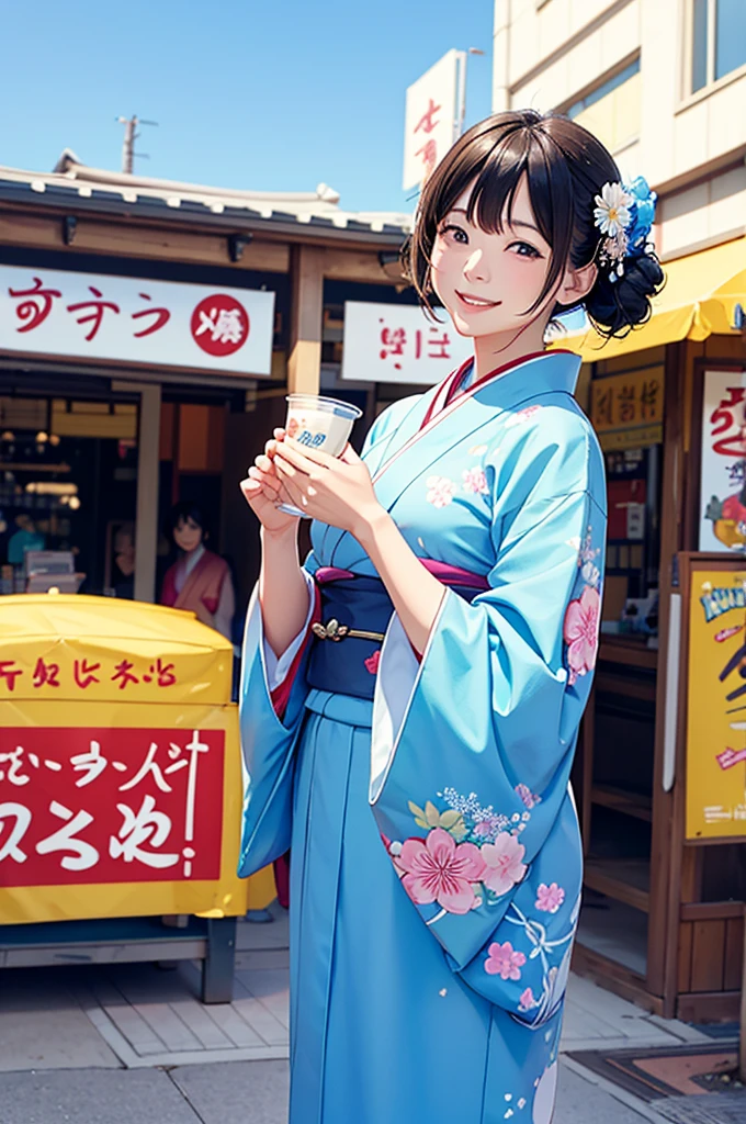 A beautiful smiling woman in a kimono greets people with a cheerful "Good morning" as her arms open under the blue sky