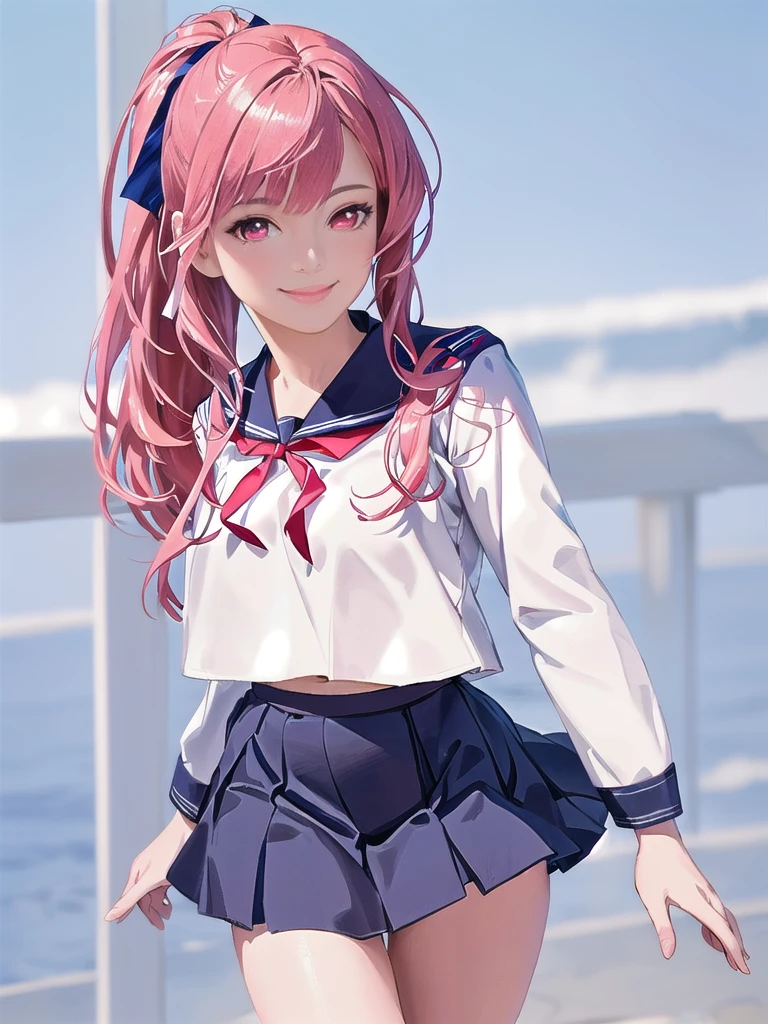 a beautiful red-haired girl in a white and navy sailor uniform, long hair with bangs and tied back with a pink hair ribbon, looking at the camera with beautiful red eyes, standing, smile, vivid colors, highly detailed, realistic, photorealistic, 8k, best quality, masterpiece, professional, natural lighting, sharp focus, physically-based rendering, extreme detail description