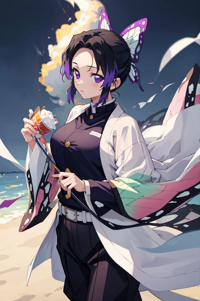 (masterpiece:1.3), (best quality:1.1), (8k, ultra detailed, ultra high res:1.2), ((anime style)), perfect 5 fingers, perfect anatomy, 
1girl,
Shinobu Kochou, 
BREAK long hair, 
black hair, hair intakes, gradient hair, 
purple eyes, bow in hair,
(large breasts:0.9),  
BREAK black shirt, black tethered pants, white haori, looking at viewer, 
BREAK cowboy shot, outdoors, city, 