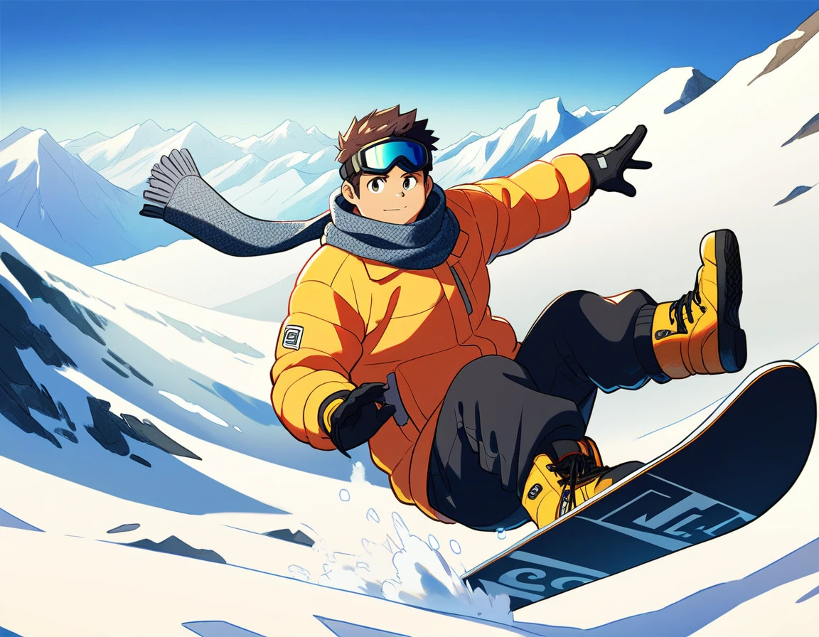 ((1male, solo, male focus, confident, snowboarding in air, tailgrab)), (chubby:1.2), (bara:1.4), (stocky), ((snow jacket, woolen scarf, goggles down, boots, snowboard)), short hair, crew cut, (cool, awesome), snow mountain background, best quality, ((flat anime, cartoon, masterpiece, best aesthetic, absurdres, highly detailed)), soft shaded