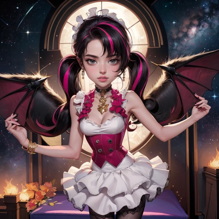 1 girl, a girl with bat wings on her back, perfectly hands, perfectly body, bat choker, necklace, centered, bat jewelry, award winning upper body portrait, cowboy shot, looking at viewer, Draculaura_MH, solo, black half hair, pink half hair, multicolored hair, long hair, pink knee boots, smile, vampire fangs, bat wings, bat jewelry, jewelry, Draculaura_(monster high), Monster High, ornament hair, long hair, 1 girl, Looking at the audience, flowing hair, Beautiful Eyes, Plump and glossy lips, dress with too many frills, black dress, gold laces, black Short skirt, Drape clothes, pink gem, Lace trim, luxury gold details, gold jewelry, more details, best quality, Big sparkling eyes, blushing, Striped Lace Stockings, black Lolita skirt, sparkle, solo, centered girl, cowboy shot, perfectly body, , solo, alone, Looking at the viewer, More details on the clothes, magenta roses on her hair, space scenery, maid, maid dress, magenta details, magenta roses, maid headdress, maid apron, purple hair, long hair, seat on the Saturn rings, bats details on her clothes, more details on her clothes, gold details on her clothes, space, smiling, standing her hand to a viewer, looking at the viewer, in the background a several asteroids glowing with fiery auras, Dramatic lighting from distant stars and planets illuminates the scene, looking at the vast and mysterious universe, perfectly hands, two arms, two legs, two hands, five fingers, perfect anatomy, glowing hair, pink roses, 1girl, dress, solo, flowing hair, floating hair, ornament hair, perfectly body, perfectly hands, on the stage, sparkles, ((4k, masterpiece, top-quality)), 8k, best quality, high resolution, UHD, (illustration:0.8), super cute girl, delicate and beautiful face, mature girl, super cute hairstyle, (beautiful detailed eyes:1.6), extremely detailed face, perfect lighting, extremely detailed CG, (perfect hands, perfect anatomy), Best quality, cleavage, small skirt, full Body, two arms, two legs, two hands, five fingers