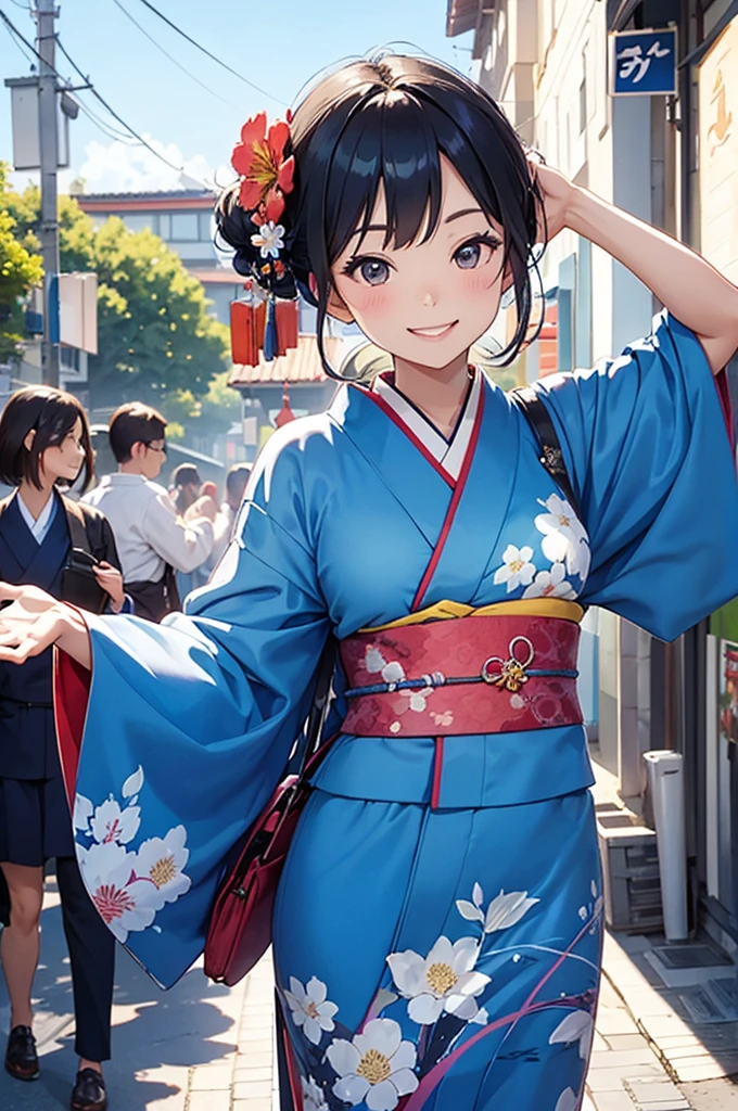 Uma linda mulher sorridente de quimono cumprimenta as pessoas com uma alegria "Bom dia" enquanto seus braços se abrem sob o céu azul
