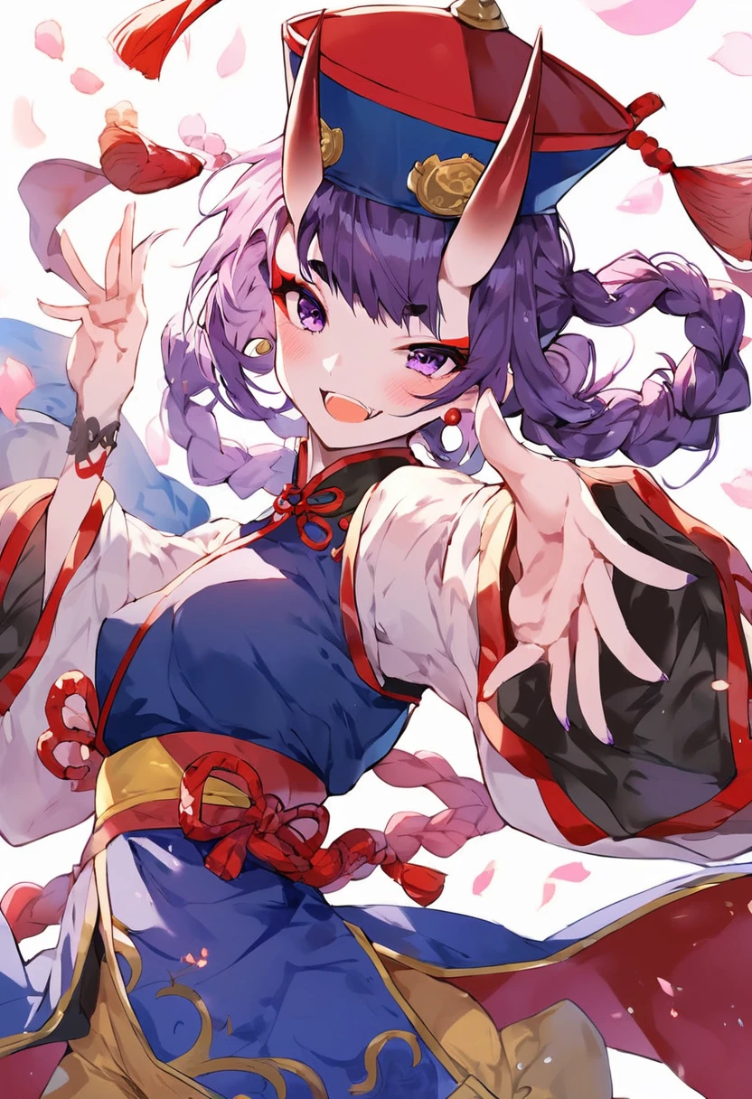 score_9,score_8,score_7,score_8_up,score_7_up 1girl, blush, braid, breasts, eyeliner, fate/grand order, fate (series), hair rings, hat, highres, horns, jiangshi, long sleeves, looking at viewer, makeup, ofuda, oni, oni horns, open mouth, outstretched arms, pumpkinspicelatte, purple eyes, purple hair, qing guanmao, short hair, shuten douji (fate), shuten douji (festival outfit) (fate), skin-covered horns, smile, solo, zombie pose
