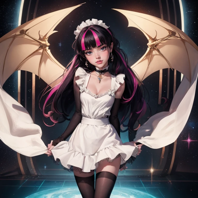 1 girl, a girl with bat wings on her back, perfectly hands, perfectly body, bat choker, necklace, centered, bat jewelry, award winning upper body portrait, cowboy shot, looking at viewer, Draculaura_MH, solo, black half hair, pink half hair, multicolored hair, long hair, pink knee boots, smile, vampire fangs, bat wings, bat jewelry, jewelry, Draculaura_(monster high), Monster High, ornament hair, long hair, 1 girl, Looking at the audience, flowing hair, Beautiful Eyes, Plump and glossy lips, dress with too many frills, black dress, gold laces, black Short skirt, Drape clothes, pink gem, Lace trim, luxury gold details, gold jewelry, more details, best quality, Big sparkling eyes, blushing, Striped Lace Stockings, black Lolita skirt, sparkle, solo, centered girl, cowboy shot, perfectly body, , solo, alone, Looking at the viewer, More details on the clothes, magenta roses on her hair, space scenery, maid, maid dress, magenta details, magenta roses, maid headdress, maid apron, purple hair, long hair, seat on the Saturn rings, bats details on her clothes, more details on her clothes, gold details on her clothes, space, smiling, standing her hand to a viewer, looking at the viewer, in the background a several asteroids glowing with fiery auras, Dramatic lighting from distant stars and planets illuminates the scene, looking at the vast and mysterious universe, perfectly hands, two arms, two legs, two hands, five fingers, perfect anatomy, glowing hair, pink roses, 1girl, dress, solo, flowing hair, floating hair, ornament hair, perfectly body, perfectly hands, on the stage, sparkles, ((4k, masterpiece, top-quality)), 8k, best quality, high resolution, UHD, (illustration:0.8), super cute girl, delicate and beautiful face, mature girl, super cute hairstyle, (beautiful detailed eyes:1.6), extremely detailed face, perfect lighting, extremely detailed CG, (perfect hands, perfect anatomy), Best quality, cleavage, small skirt, full Body, two arms, two legs, two hands, five fingers