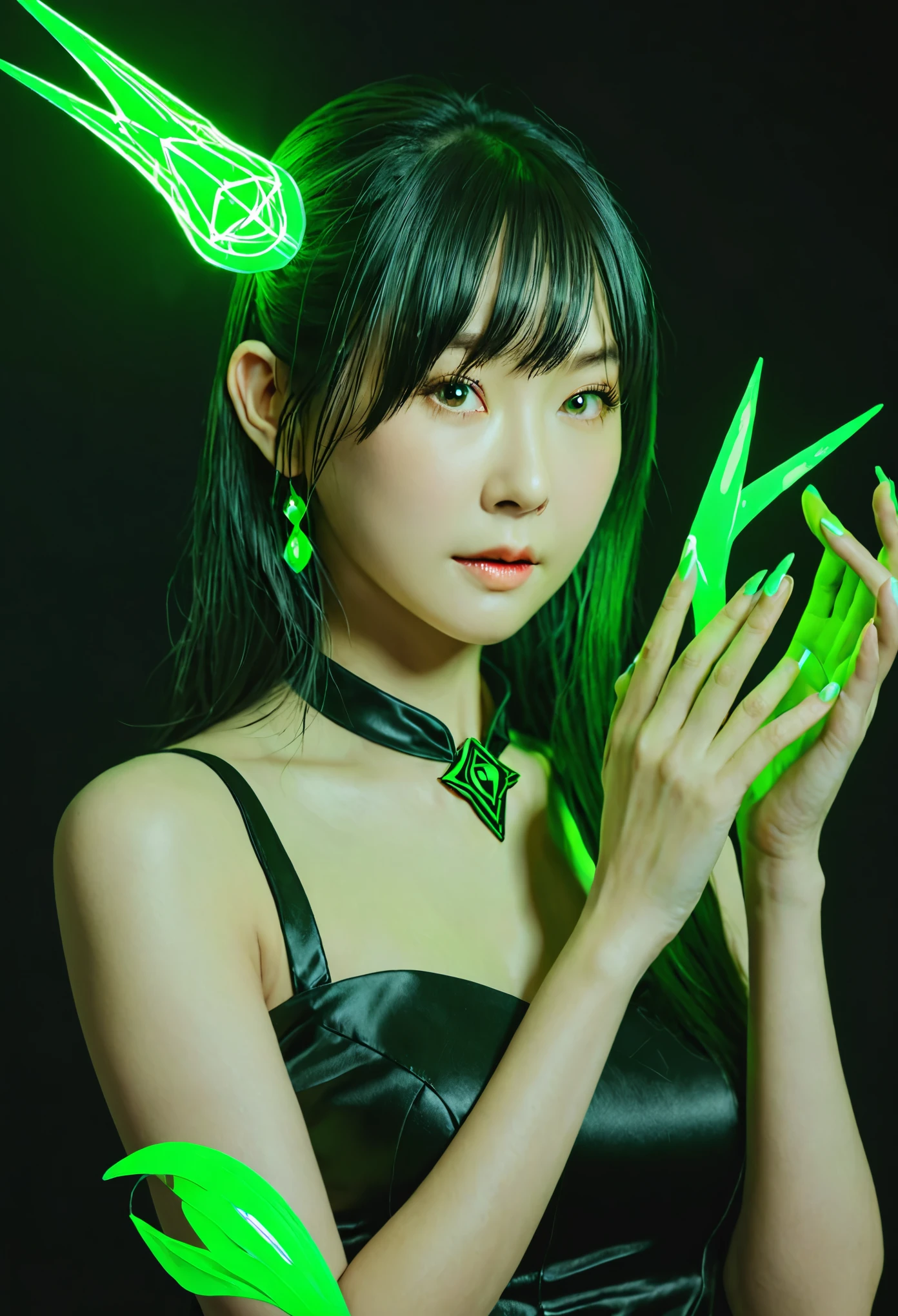 best quality, masterpiece, Ultra-high resolution, photoactual, 1 girl, alone, Upper Body, hand舉至唇邊,looking at the audience, Studio Lighting, actual, photoactual, Top of crop, Fluorescent green, A secret society of powerful witches,hand