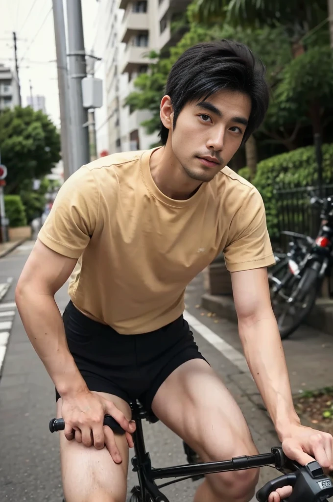 riding a bicycle, whole body, Hairy legs, The legs are muscular and toned., two blocks, Long legs, Japanese man, 27 years old, thin beard, Wear beige shorts, Wear a black T-shirt., very short hair, black hair