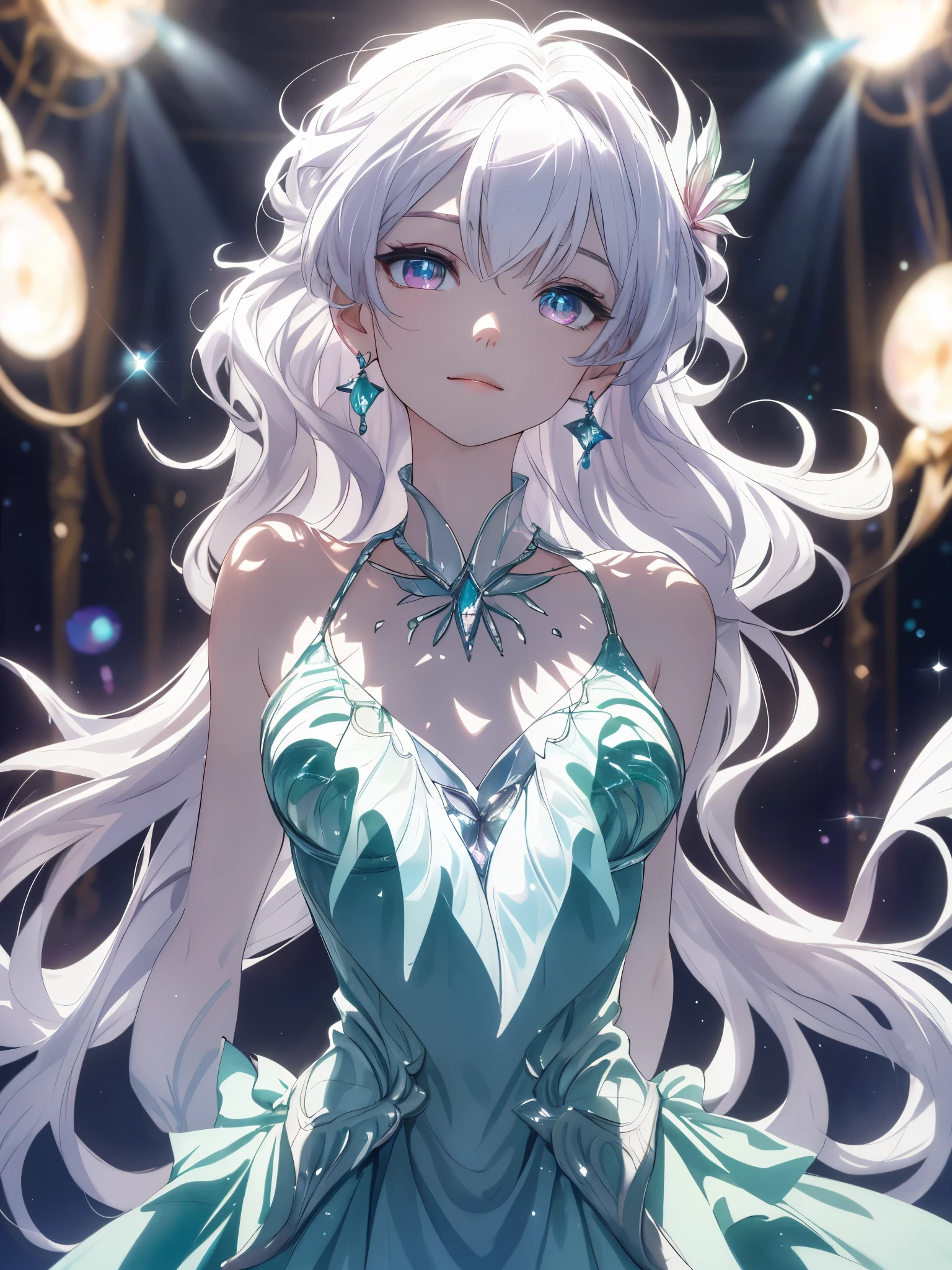 masterpiece, highest quality, figure, alexandrite eyes and hair, platinum earrings, Platinum Necklace, white dress, The Little Mermaid, cute, (dynamic lighting:1.2), cinematic lighting, delicate features, fine eyes, sharp pupils, realistic student, Depth of bounds written, Bokeh, sharp focus, (very detailed, bloom, shine:1.4), Many Small Gems, big tits