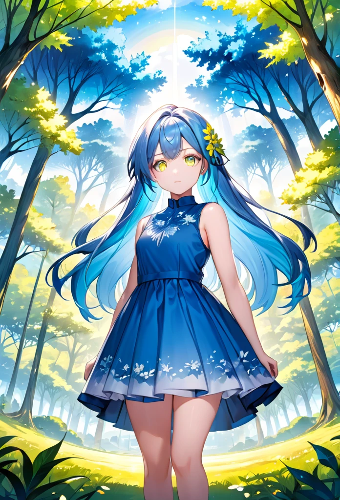 "((highest quality)), ((masterpiece, best quality:1.2)), character with heterochromia, blue and light blue eye, blue hair with yellow highlights, tree in the center of the image, title &#39;Equestria Girls: The Legacy Volume 1&#39;, anime styling, manga cover."