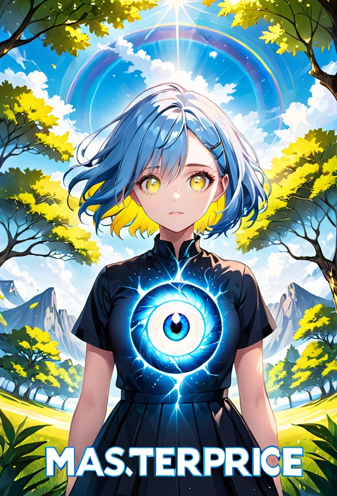 "((highest quality)), ((masterpiece, best quality:1.2)), character with heterochromia, blue and light blue eye, blue hair with yellow highlights, tree in the center of the image, title &#39;Equestria Girls: The Legacy Volume 1&#39;, anime styling, manga cover."