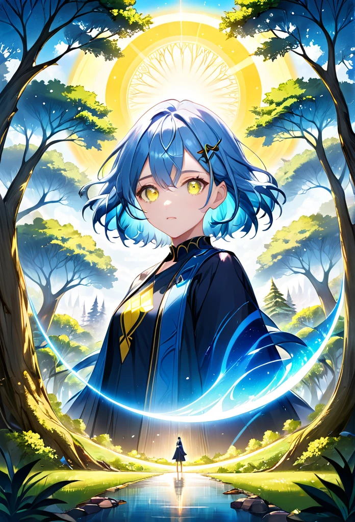 "((highest quality)), ((masterpiece, best quality:1.2)), character with heterochromia, blue and light blue eye, blue hair with yellow highlights, tree in the center of the image, title &#39;Equestria Girls: The Legacy Volume 1&#39;, anime styling, manga cover."