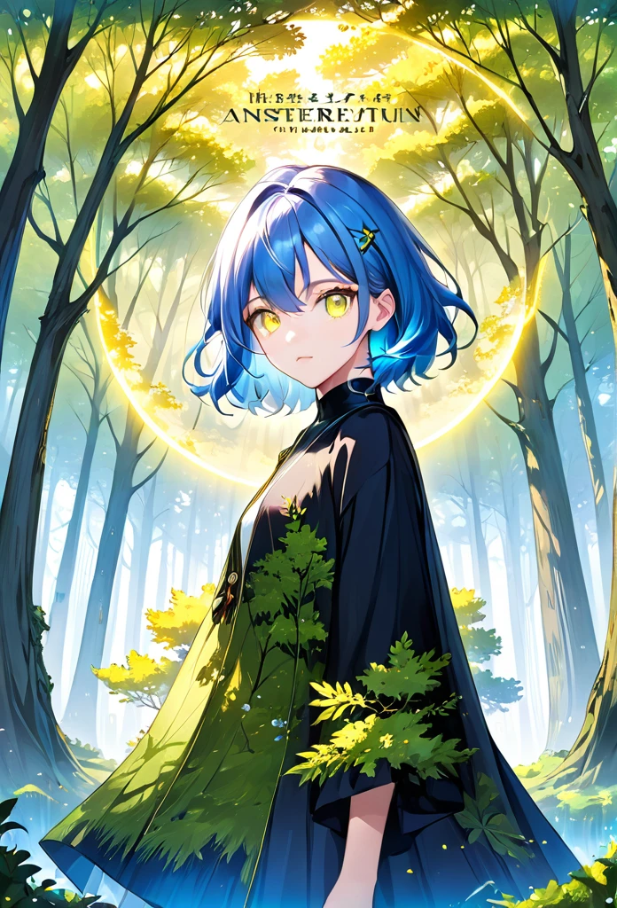 "((highest quality)), ((masterpiece, best quality:1.2)), character with heterochromia, blue and light blue eye, blue hair with yellow highlights, tree in the center of the image, title &#39;Equestria Girls: The Legacy Volume 1&#39;, anime styling, manga cover."