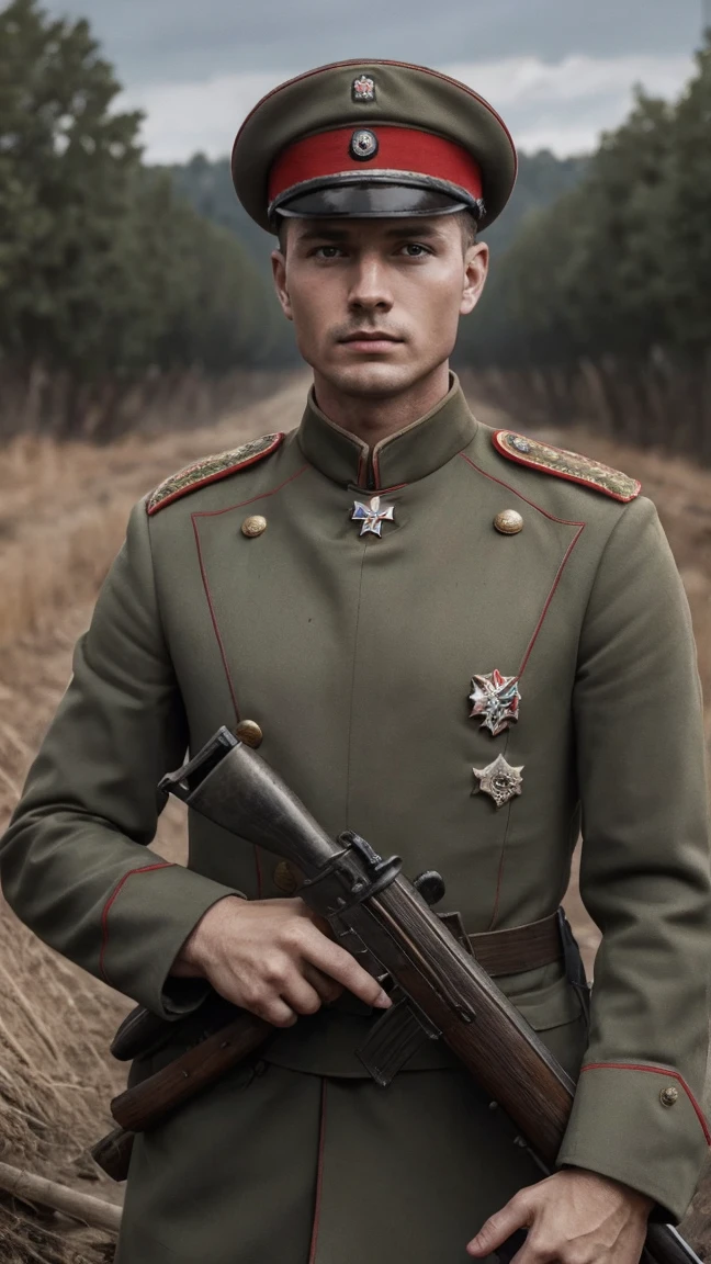 (masterpiece), best quality, expressive eyes, perfect face, All quiet on eastern Front, man, trenches, dirty, uniform, realistic, HD, Rifle, Russian empire, Russian man