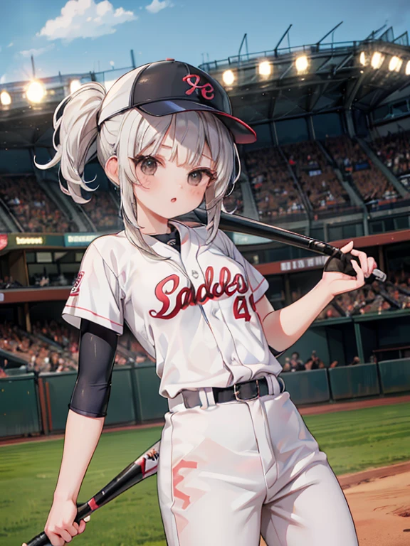 masterpiece, Highest quality, Very detailed, 16K, Ultra-high resolution, 15-year-old girl, Detailed face, Black eyes, Silver Hair, holding baseball bat, baseball uniform, baseball cap, Stadium, baseball, baseball mitts, Batter Box, Home Run