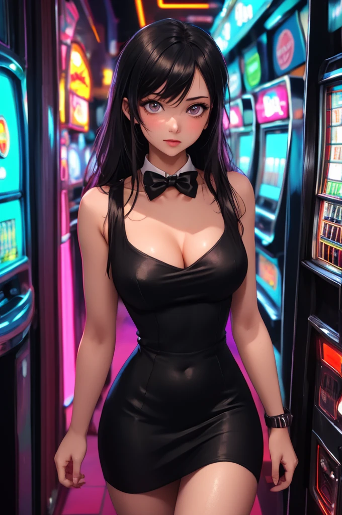 Masterpiece, best quality, 1 dealer girl, alone, look at viewer, chest, mature woman, collarbone, long hair, cyberpunk, neon light, In the building, Casino, black tight dress, bow tie, depth of field,