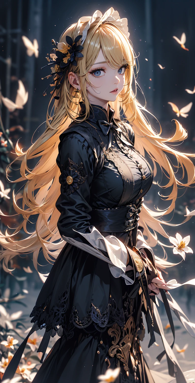 masterpiece, high quality, 4K, Beautiful design, silhouette，blonde， 非常に詳細な夜のStarry Sky,Flower Field， wonderful, Finer details,  Very knowledgeable woman, Highly detailed solo, 1 female,Big Breasts，Gothic Lolita Fashion，Random Pause，Night view，Starry Sky，full moon，