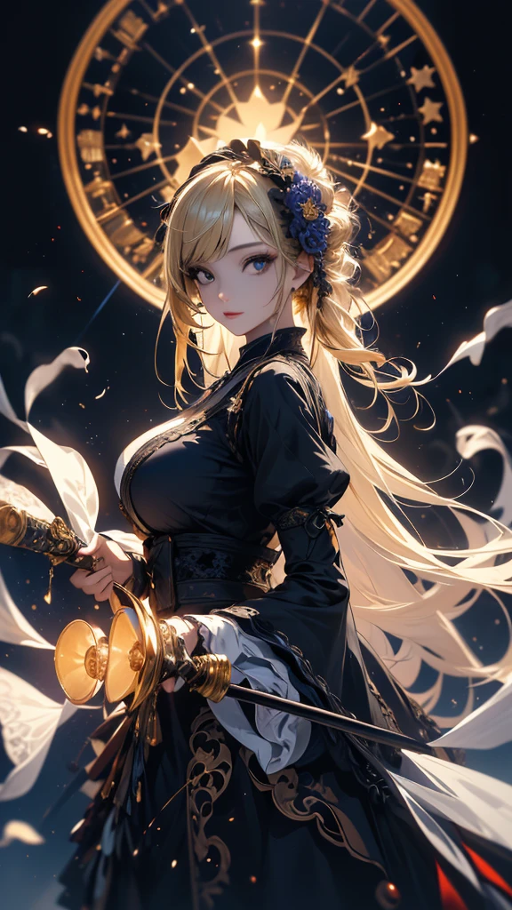 masterpiece, high quality, 4K, Beautiful design, silhouette，blonde， 非常に詳細な夜のStarry Sky,Flower Field， wonderful, Finer details,  Very knowledgeable woman, Highly detailed solo, 1 female,Big Breasts，Gothic Lolita Fashion，Random Pause，Night view，Starry Sky，full moon，