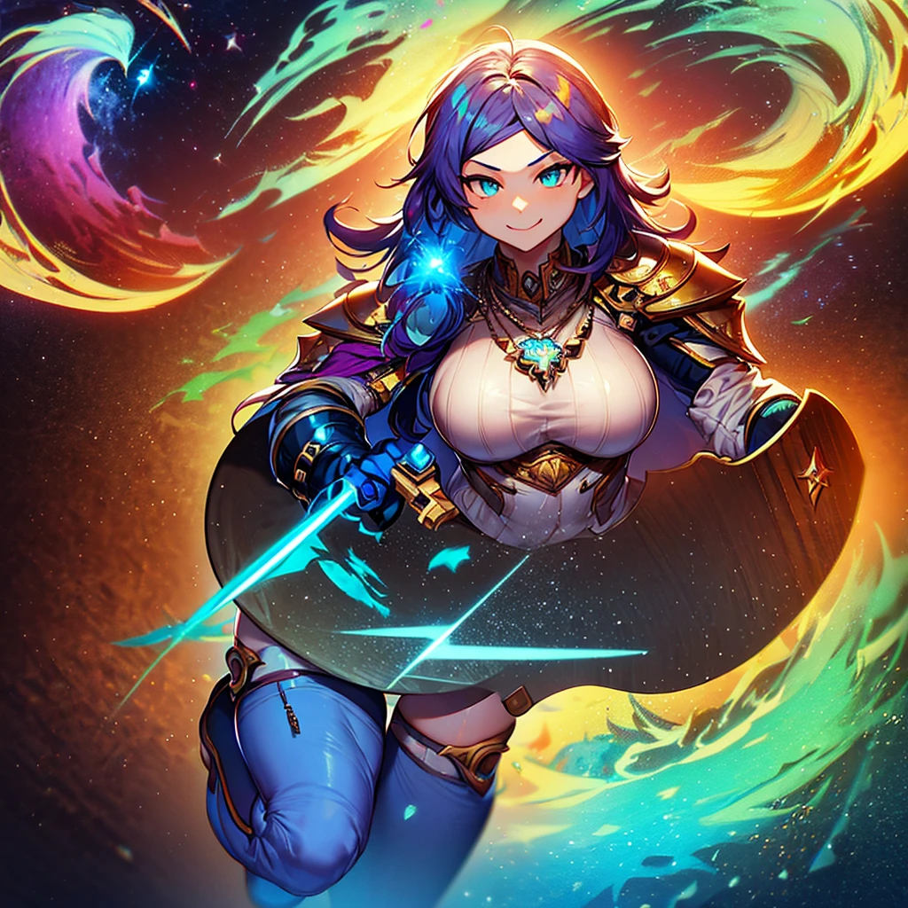 Close-up of a woman with colorful hair and necklace, anime girl with cosmic hair, Rossdraws' soft vitality, Guvez style artwork, fantasy art style, colorful], vibrant fantasy style, Rossdraws cartoon full of vitality, cosmic and colorful, Guweiz, colorful digital fantasy art, stunning art style, beautiful anime style, full body lighting, skin brightening, sexy expression, holding a shield and a sword, fantasy armor, fully geared with epic armor, smirk, 