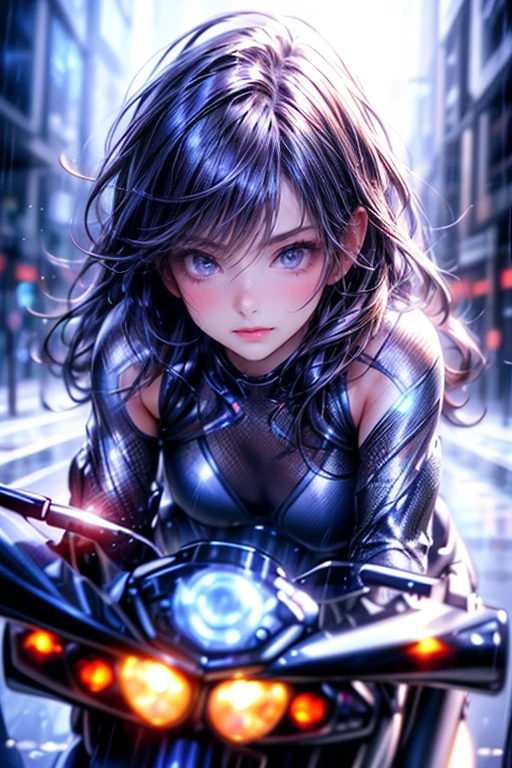 a cute girl in a Gantz costume, riding a motorcycle:1.2,  through a dark city street at night, blurring motion, intricate detailed motorcycle:1.2, (best quality,4k,8k,highres,masterpiece:1.2),beautiful-detailed,(realistic,photorealistic,photo-realistic:1.37),beautiful detailed eyes,beautiful detailed lips,extremely detailed eyes and face,longeyelashes,illustration,dynamic pose,neon lights,rain,speed blur,dark atmosphere,moody lighting, cinematic angle, side view