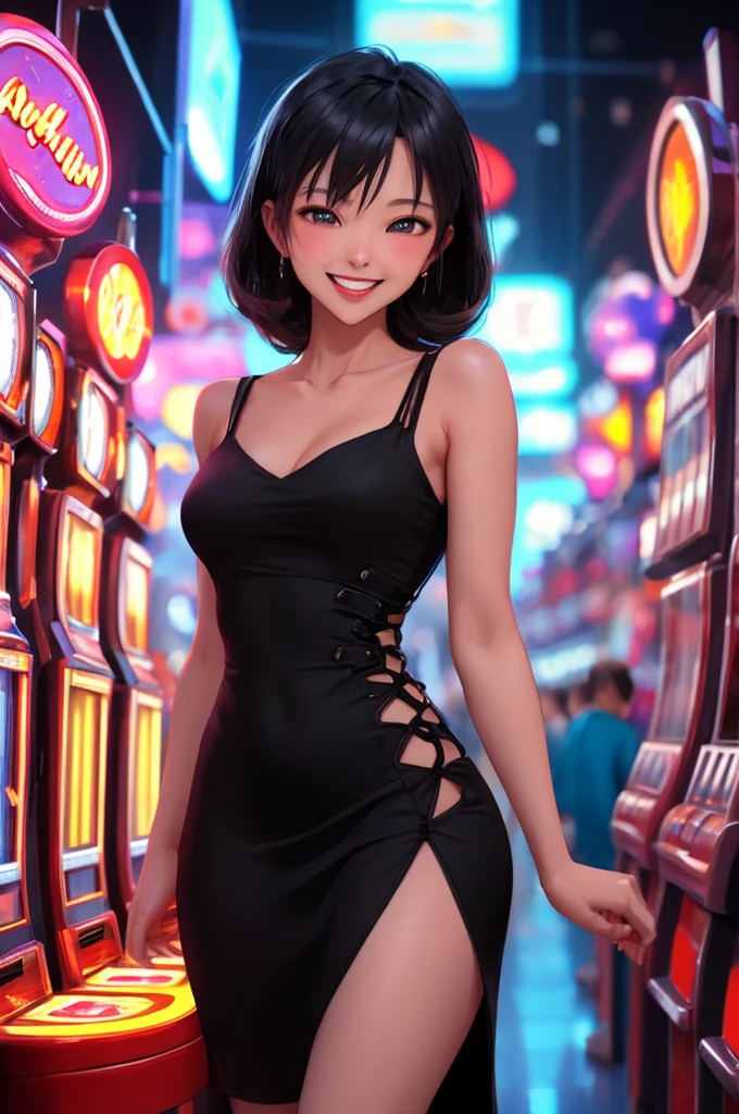 Masterpiece, best quality, 1 dealer girl, alone, look at viewer, chest, mature woman, collarbone, Random Hairstyles, cyberpunk, neon light, In the building, Casino, black tight dress, depth of field, playful mood,Big smile