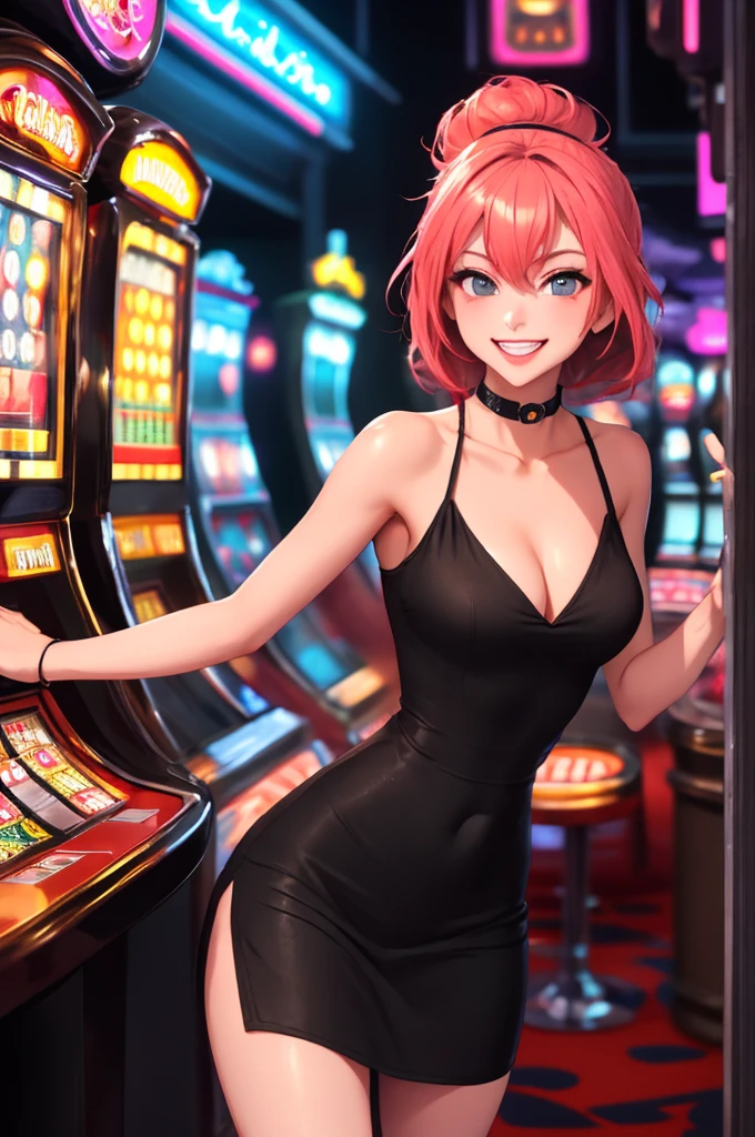 Masterpiece, best quality, 1 dealer girl, alone, look at viewer, chest, mature woman, collarbone, Random Hairstyles, cyberpunk, neon light, In the building, Casino, black tight dress, depth of field, playful mood,Big smile