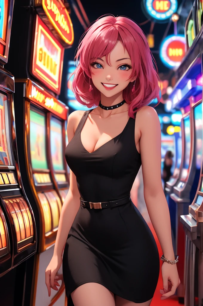 Masterpiece, best quality, 1 dealer girl, alone, look at viewer, chest, mature woman, collarbone, Random Hairstyles, cyberpunk, neon light, In the building, Casino, black tight dress, depth of field, playful mood,Big smile