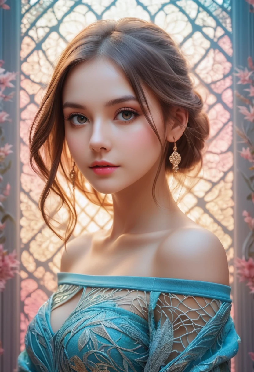 1girl,mysterious girl ,an exotic girl in off-shoulder sweater,fading backlit background,pastel colors,alluring goddess,amazing depth,double exposure,surreal,geometric patterns,intricately detailed,bokeh,perfect balanced,deep fine borders,artistic photorealism,smooth