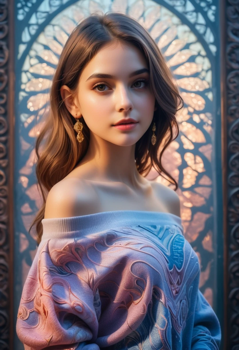 1girl,mysterious girl ,an exotic girl in off-shoulder sweater,fading backlit background,pastel colors,alluring goddess,amazing depth,double exposure,surreal,geometric patterns,intricately detailed,bokeh,perfect balanced,deep fine borders,artistic photorealism,smooth