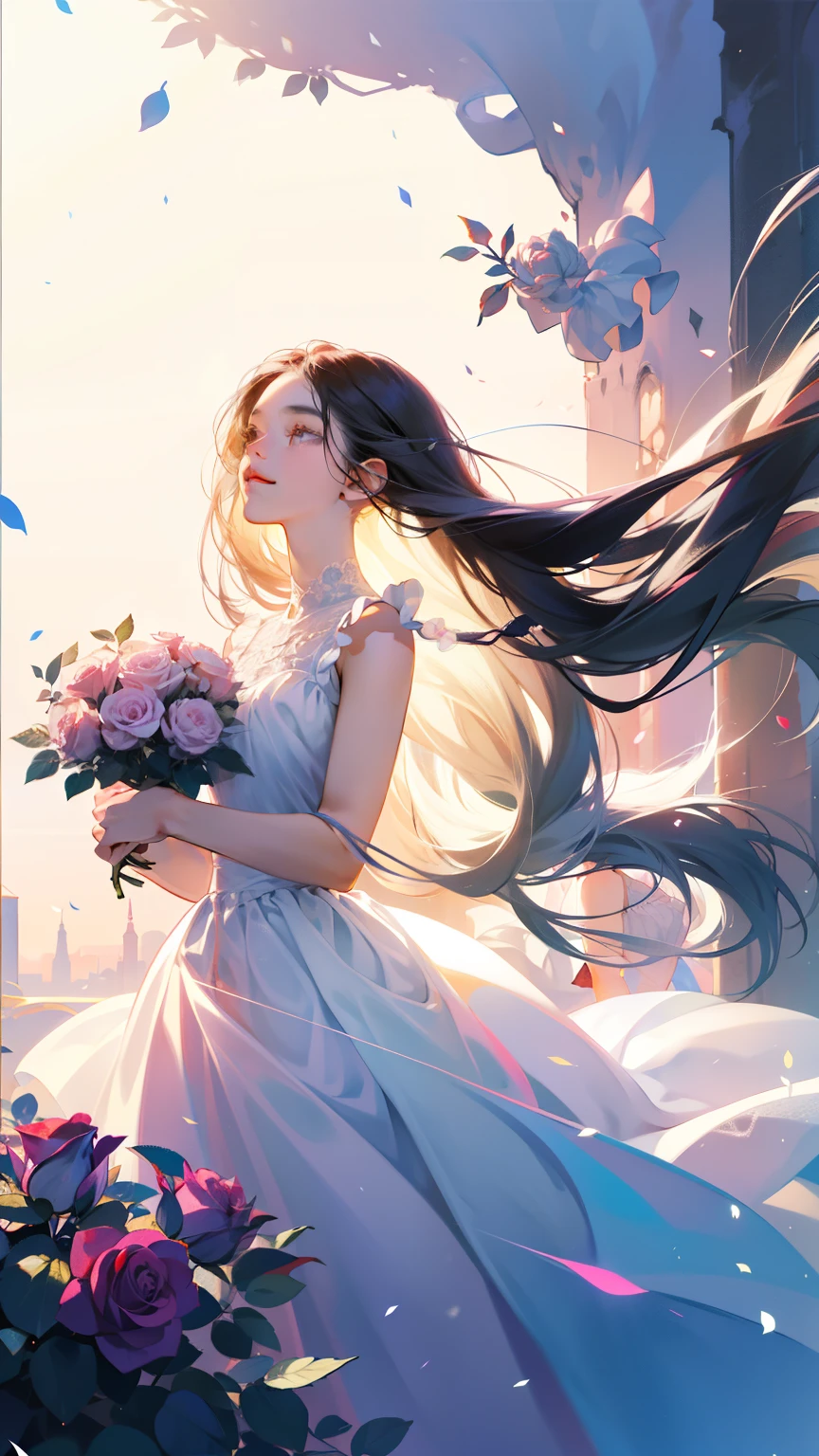 An 18 year old girl is wearing a rosa rose, Long hair, Sleeveless White Dress, holding a rosa rose. Feeling the scent of the flower, bright fantasy, surrealism, Michael Cormac, rosa, Monochromatic tranquility, Bright atmosphere, Sun light, Happiness, Happiness, It&#39;s a smile,