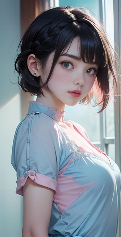 whole body,（8K、Raw photoy、best quality、masterpiece：1.2),(Dark-haired、Very short hair:1.8),(Double triple braid:1.4)、Show Viewer,Looking ahead,,white skin,(She was wearing a pink and light blue 。.:1.7)、()、(Clothing that emphasizes the shape of your bust、Publish a&#39;skin:1.8)、(Large Breasts :1.4)、(((Full and soft breasts,)))(((Huge breasts))) (((Cleavage))) (Perfect curvy figure),slim body、Ultra-high resolution,beautiful,beautiful fece,(Solitary、No background:1.9),whole bodyボディー,Japanese woman,（photo级真实感：1.37）、Photon Mapping,Reality、(Baby face and cute: 1.0)、(Lovely smile: 1.7)、(Round Face: 1.7)、Radio City、Physically Based Rendering、Depth of field rally background、photo, (I can see your knees,Plaid skirt、Spread your legs、foot、I can see white,whole body、very good, whole body,