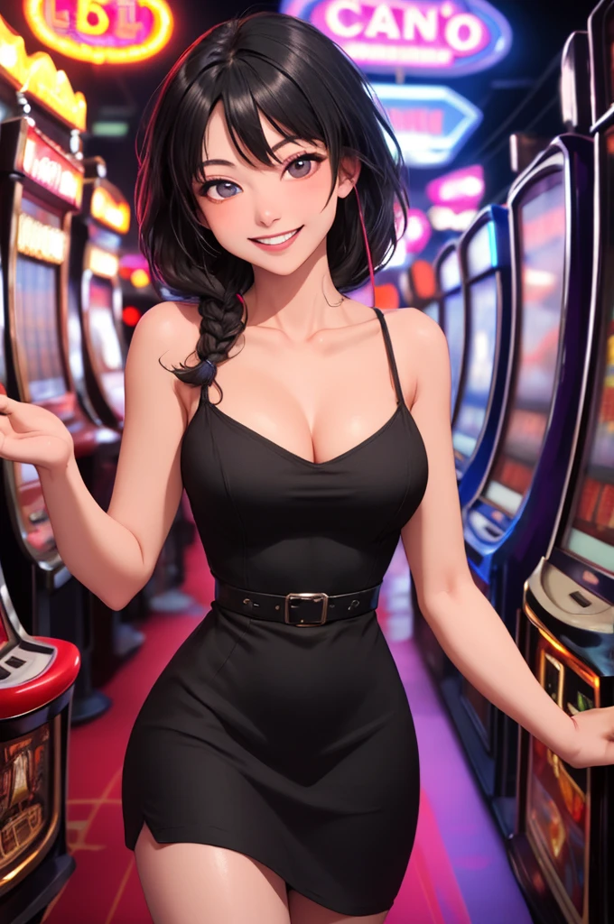 Masterpiece, best quality, 1 dealer girl, alone, look at viewer, chest, mature woman, collarbone, Random Hairstyles, cyberpunk, neon light, In the building, Casino, black tight dress, depth of field, playful mood,Big smile,The model is not in the center of the image.