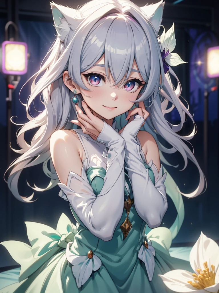 masterpiece, highest quality, figure, alexandrite eyes and hair, platinum earrings, Platinum Necklace, white dress, The Little Mermaid, cute, (dynamic lighting:1.2), cinematic lighting, delicate features, fine eyes, sharp pupils, realistic student, Depth of bounds written, Bokeh, sharp focus, (very detailed, bloom, shine:1.4), Many Small Gems, full body, cat ears, yandere, smilling, very shame, very cute