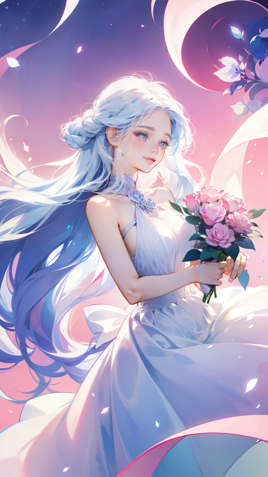 Ein 25-jähriges Mädchen trägt eine blaue Rose, lange Haare, Weißes ärmelloses Kleid, holding a Rosa rose. Den Duft der Blume riechen, Helle Fantasie, Surrealismus, Michael Cormac, Rosa, monochromatische Ruhe, Helle Atmosphäre, Sonnenschein, Glück, Glück, und ein Lächeln,
