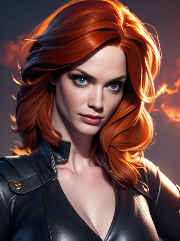 (best quality,4k,8k,highres,masterpiece:1.2),ultra-detailed,(realistic,photorealistic,photo-realistic:1.37), Christina Hendricks portraying the characters of Black Widow from marvel comics in a hyper-realistic masterpiece. High-quality facial research of Christina Hendricks, (Christina's sculpted cheekbones and slight wrinkles around the face), 4, High-quality detailed research of Christina Hendricks voluptuous figure. Sexy,dangerous,beautiful detailed eyes,beautiful detailed lips,longeyelashes,bold and intense gaze, voluptuous figure,skin-tight black leather suit, , utility belt, fingerless gloves, metal armbands, boots, glamorous,confident expression,fierce and powerful stance,mysterious aura,red hair flowing in the wind,Dramatic lighting,high contrast,highly saturated colors,shadows and highlights, 8k wallpaper, smoke and sparks surrounding her, cleavage, buxom and mature
