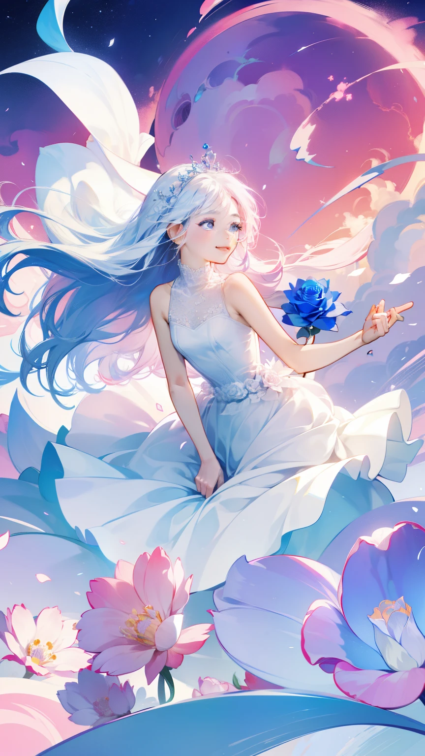 An 25 year old girl is wearing a blue rose, long hair, white sleeveless dress, holding a pink rose. Smelling the fragrance of the flower, bright fantasy, surrealism, Michael Cormac, pink, monochromatic tranquility, bright atmosphere, sunshine, happiness, happiness, and a smile,