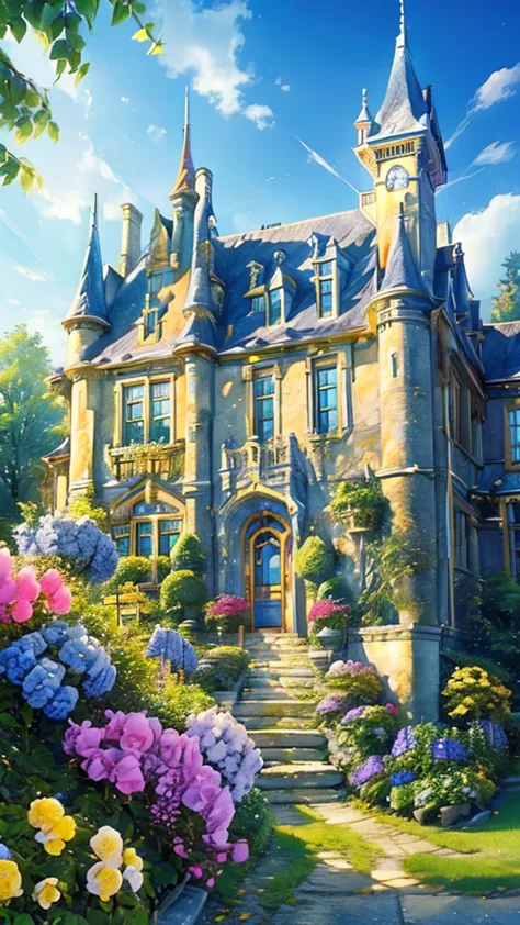 (((masterpiece))), (((best quality))), A magical academy building, front view, blue sky, colorful hydrangea, trees, ivy, bush, c...